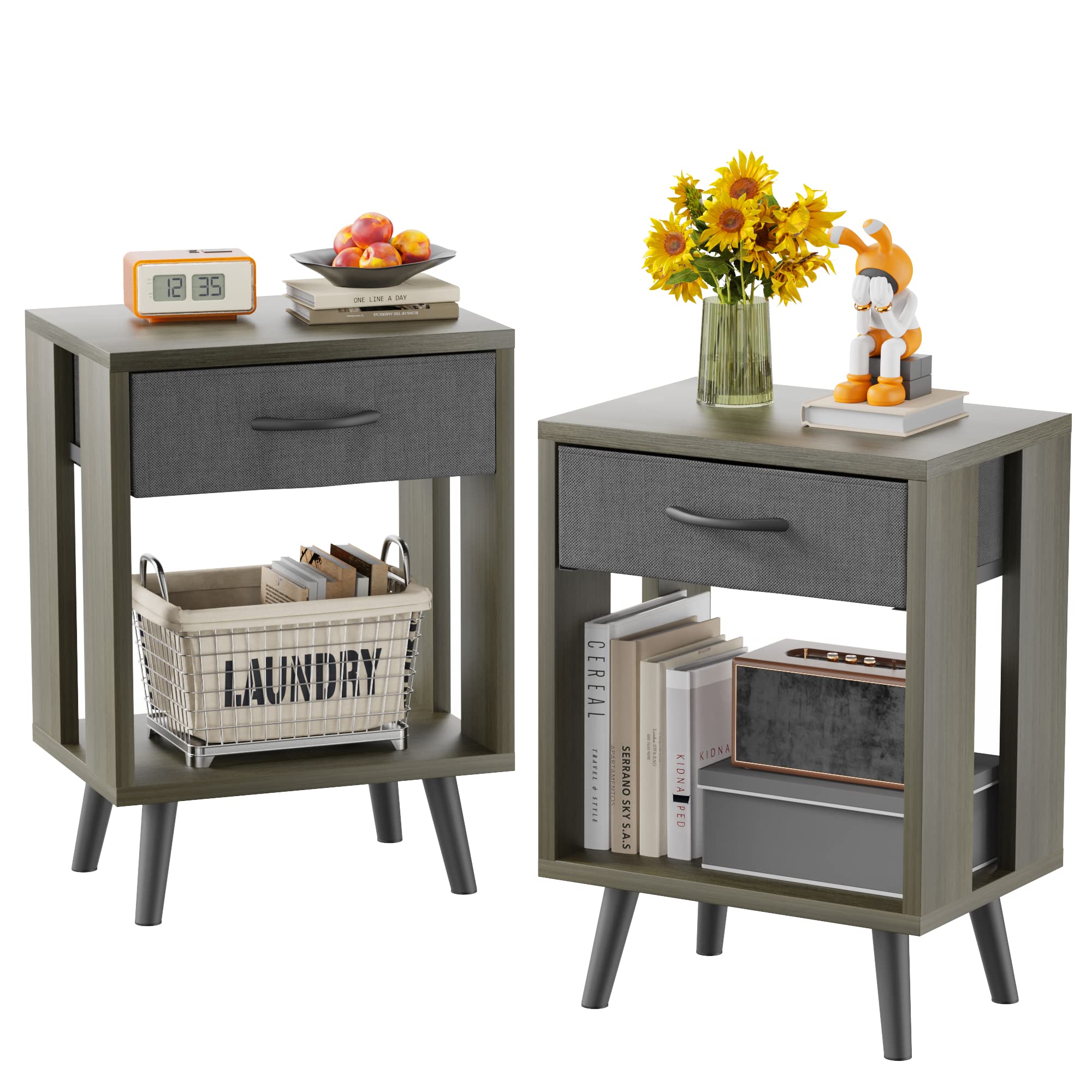 Gyiiyuo Nightstands Set Of 2 With Black Fabric Storage Drawer And Open Wood Shelf, Side Table With Storage For Bedroom, Bedside